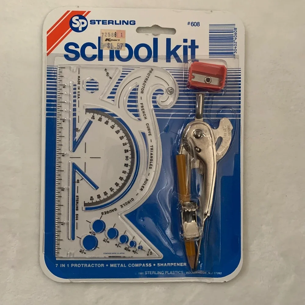 Sterling School‎ Kit 7 in 1 Protractor Metal Compass Sharpener New Vintage NOS